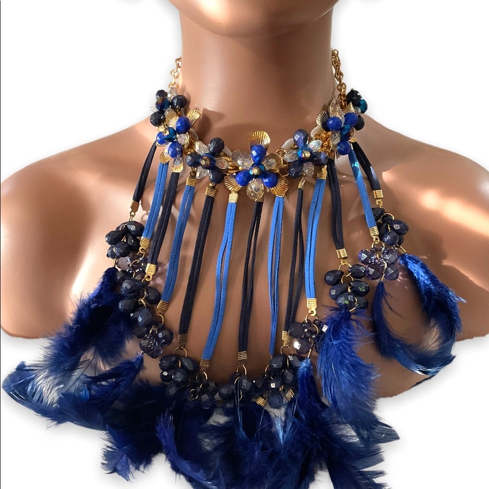 Vintage Bohemian Gypsy Blue Feather Jeweled Statement Choker